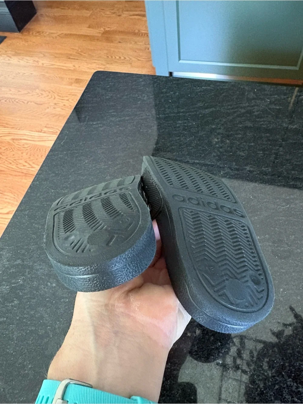 adidas Kids Black Slide Sandals with White Stripes and Logo 13